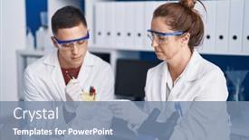  Presentation with sample - Slide set featuring man-and-woman-scientists-looking background and a seafoam green colored foreground