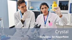  Presentation with sample - PPT theme with man-and-woman-scientists-partners background and a seafoam green colored foreground