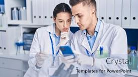  Presentation with sample - Slides consisting of man-and-woman-scientists-using background and a  colored foreground