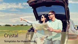  Presentation with road trip cars - Audience pleasing slide set consisting of man and woman searching location backdrop and a coral colored foreground
