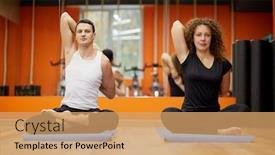  Presentation with lotus - Slide deck having man and woman sit in lotus position on mats in gym background and a coral colored foreground