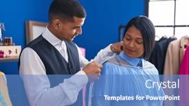  Presentation with sewing - Presentation theme featuring man-and-woman-tailor background and a teal colored foreground