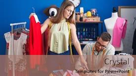  Presentation with clothing factory - Theme consisting of man-and-woman-tailors-holding background and a coral colored foreground