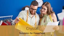  Presentation with clothing factory - PPT theme consisting of man-and-woman-tailors-holding background and a yellow colored foreground