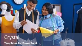  Presentation with sewing - Theme with man-and-woman-tailors-holding background and a ocean colored foreground