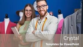  Presentation with clothing factory - PPT theme consisting of man-and-woman-tailors-smiling background and a coral colored foreground