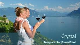  Presentation with wine tasting - PPT theme featuring man and woman tasting wine among vineyards in lavaux switzerland background and a ocean colored foreground