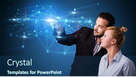  Presentation with hologram - Cool new slide set with man and woman touching hologram screen displaying modern web system backdrop and a ocean colored foreground