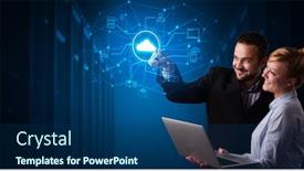  Presentation with hologram - Cool new presentation with man and woman touching hologram projection displaying cloud system backdrop and a ocean colored foreground