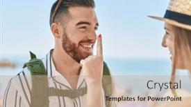  Presentation with sunscreen - Slide deck featuring man-and-woman-tourist-couple background and a coral colored foreground