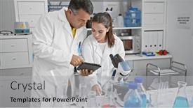  Presentation with microscope - Slide deck with man-and-woman-two-focused and a light gray colored foreground