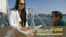  Presentation with sailboat - Presentation theme featuring man and woman using laptop on sailboat background and a violet colored foreground