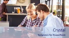  Presentation with smart phone apps - Presentation theme featuring man and woman using smart background and a sky blue colored foreground