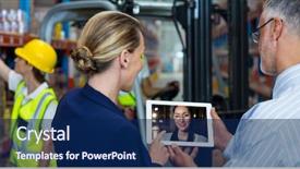  Presentation with video conferencing - Amazing PPT layouts having man and woman video backdrop and a navy blue colored foreground