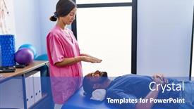  Presentation with physiotherapist - Slide deck having man-and-woman-wearing-physiotherapist background and a ocean colored foreground