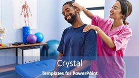  Presentation with rehab clinic - PPT theme enhanced with man-and-woman-wearing-physiotherapist background and a ocean colored foreground