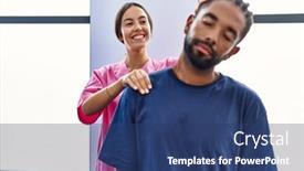  Presentation with rehab - PPT layouts consisting of man-and-woman-wearing-physiotherapist background and a ocean colored foreground