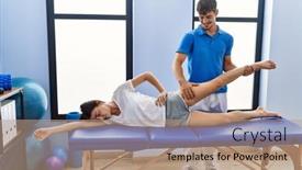  Presentation with rehab - PPT theme featuring man-and-woman-wearing-physiotherpy background and a coral colored foreground