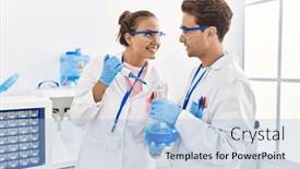  Presentation with pipette - Presentation theme with man-and-woman-wearing-scientist background and a light blue colored foreground