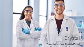  Presentation with scientist - PPT theme featuring man-and-woman-wearing-scientist and a light blue colored foreground