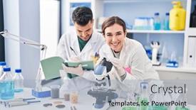  Presentation with microscope - Slides consisting of man-and-woman-wearing-scientist background and a light blue colored foreground