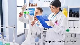  Presentation with liquid - Theme enhanced with man-and-woman-wearing-scientists background and a light gray colored foreground