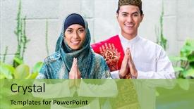  Presentation with woman muslim - Audience pleasing presentation consisting of man and woman welcoming guest backdrop and a yellow colored foreground