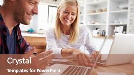  Presentation with working together - Beautiful slide deck featuring man and woman working together backdrop and a coral colored foreground