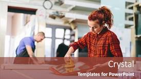 Presentation with glass industry - Presentation design enhanced with man-and-woman-working background and a tawny brown colored foreground