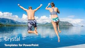  Presentation with women success - PPT layouts with man-and-women-jumping-together background and a teal colored foreground