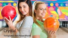  Presentation with women - Beautiful presentation theme featuring man and women playing bowling backdrop and a coral colored foreground