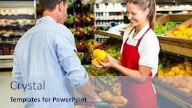  Presentation with grocery store - Audience pleasing PPT layouts consisting of man-and-worker-discussing-fruit backdrop and a light blue colored foreground