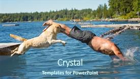  Presentation with lake dock - Audience pleasing presentation theme consisting of man and yellow lab dog backdrop and a ocean colored foreground