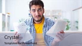  Presentation with pay - Cool new PPT layouts with man angry at bills he backdrop and a light blue colored foreground