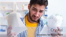  Presentation with pay - Beautiful slide deck featuring man angry at bills he needs to pay backdrop and a light blue colored foreground