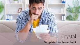 Presentation with pay - Colorful slide set enhanced with man angry at bills he needs to pay backdrop and a light gray colored foreground