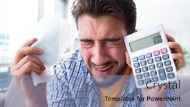  Presentation with pay - Amazing PPT theme having man angry at bills he needs to pay backdrop and a teal colored foreground