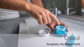  Presentation with beauty product - Audience pleasing slide deck consisting of man applying cream morning skincare regimen moisturizing face skin at bathroom mirror male beauty men skin care closeup of product jar and finger putting lotion backdrop and a light gray colored foreground