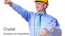  Presentation with architect - Cool new presentation theme with man architect with helmet and drafts showing with copy space for your text isolated on white backdrop and a white colored foreground
