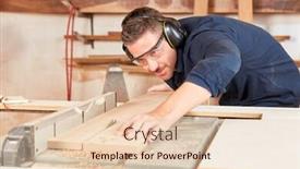  Presentation with carpenter - Audience pleasing slide deck consisting of man as a carpenter concentrically saws wood with the circular saw in the furniture carpentry backdrop and a lemonade colored foreground