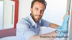  Presentation with bathroom - Theme featuring man-as-a-housekeeper-dusting background and a light blue colored foreground