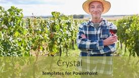  Presentation with brake the glass voice - Theme having man-as-a-satisfied-winegrower background and a yellow colored foreground