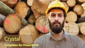  Presentation with worker safety - Presentation theme consisting of man as a woodcutter or forest worker with safety helmet in front of long wood cargo background and a tawny brown colored foreground