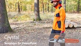  Presentation with chainsaw - Beautiful slide deck featuring man-as-a-woodcutter backdrop and a gray colored foreground