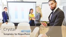  Presentation with responsibility - PPT layouts featuring man as business manager with responsibility in meeting with his team background and a lemonade colored foreground