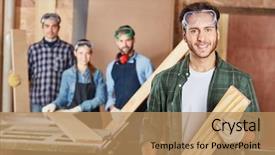  Presentation with charging gun man hands charging - Slides having man as carpenter with wood background and a coral colored foreground