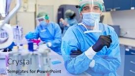  Presentation with covid vaccine - Beautiful slide set featuring man-as-researcher-in-protective backdrop and a light blue colored foreground