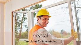  Presentation with 3d man puzzle assembling - Presentation design featuring man as skilled window fitter background and a coral colored foreground