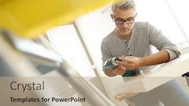  Presentation with diy - PPT theme consisting of man assembling diy furniture using electric drill background and a coral colored foreground