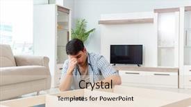  Presentation with 3d man puzzle assembling - Colorful presentation design enhanced with man assembling furniture at home backdrop and a  colored foreground